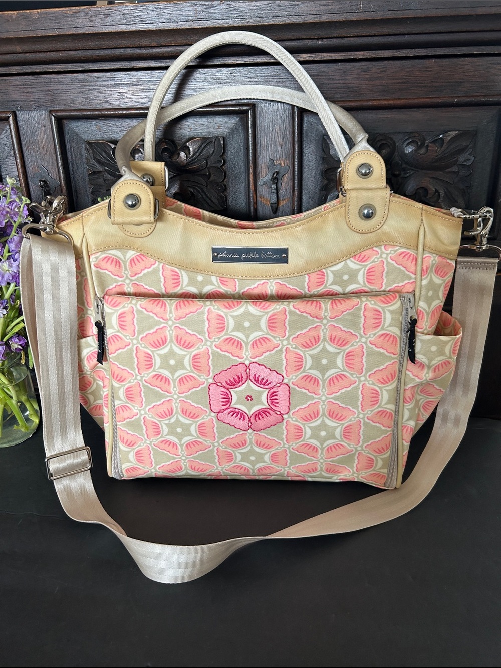 Petunia Pickle Bottom Pink and Cream Patterned Tote with Strap